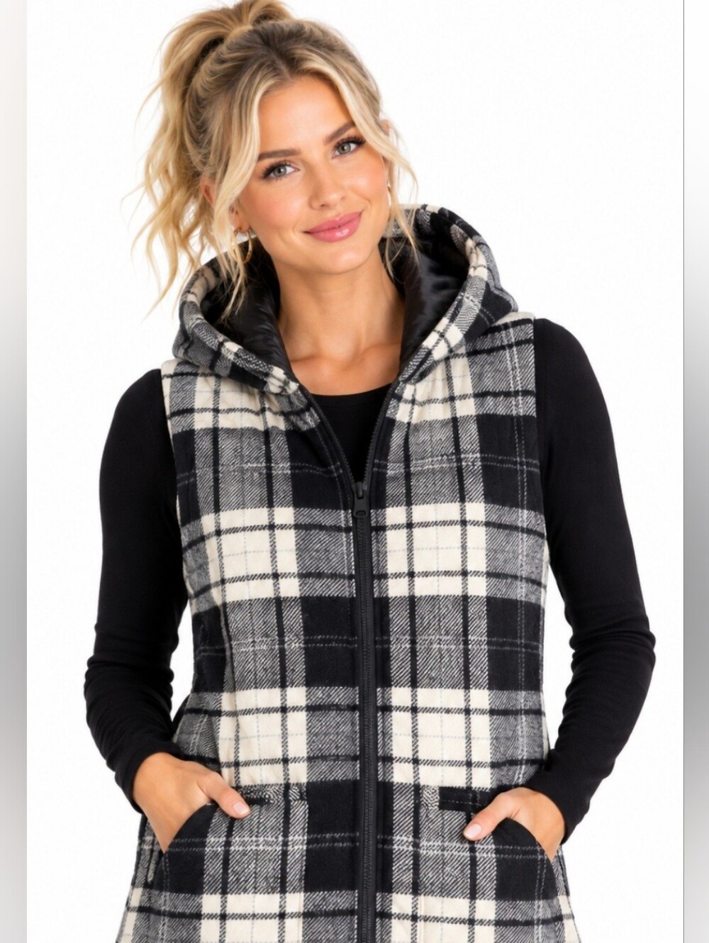 Womens Orage Snowgear Black & White Plaid Hooded Zip Vest (Sz:xs)